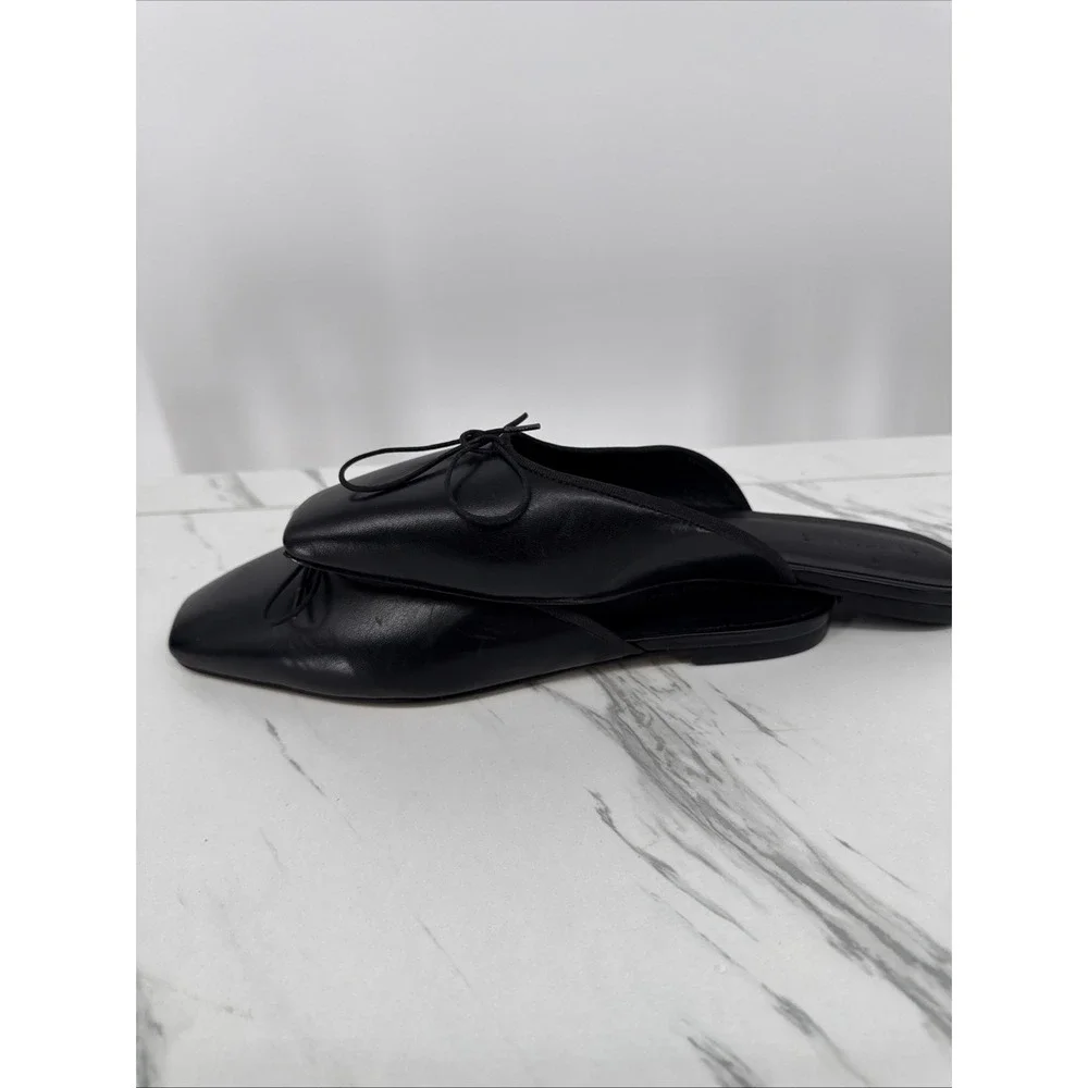 Everlane The Ballet Mule Leather Square Toe Bow Flat Slides Shoes Black Womens 8